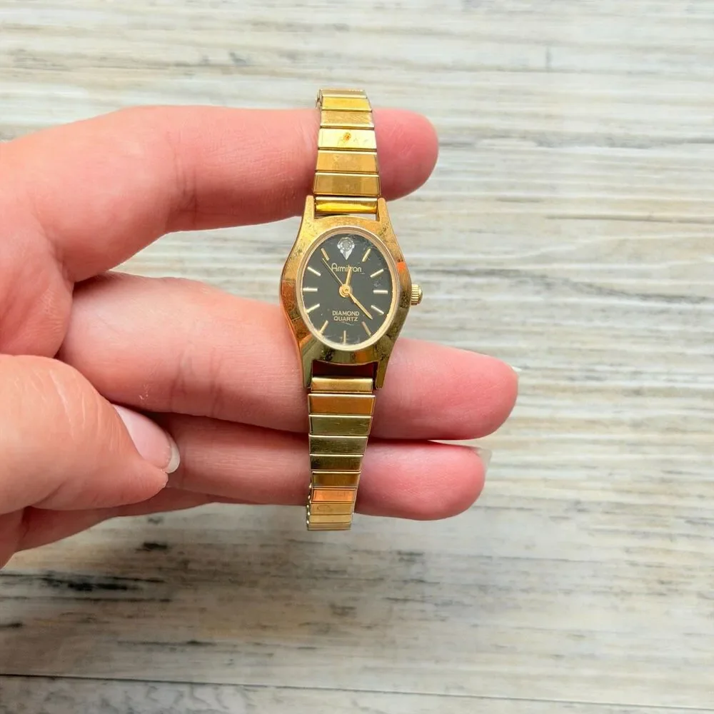 Vintage Armitron Diamond Quartz Gold Tone Watch Black Dial Dainty Working